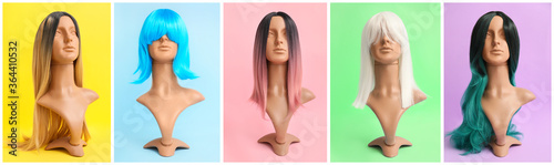 Obraz na plátně Mannequins with different female wigs on colorful background