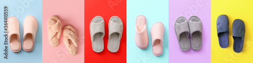 Pair of soft slippers on color background photo