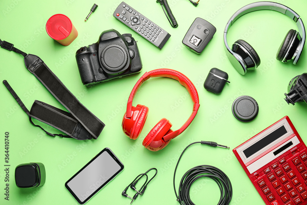Different modern devices on color background Different modern devices on color background