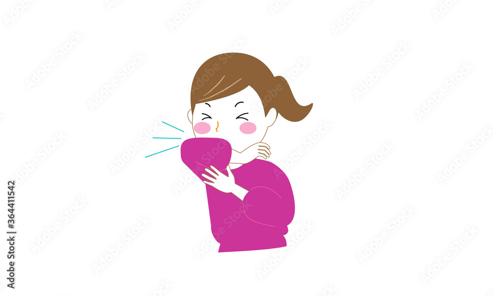 くしゃみまたは咳をしたときに飛沫が飛ばないよう口を肘で覆う女性 くしゃみまたは咳をしたときに飛沫が飛ばないよう口を肘で覆う女性