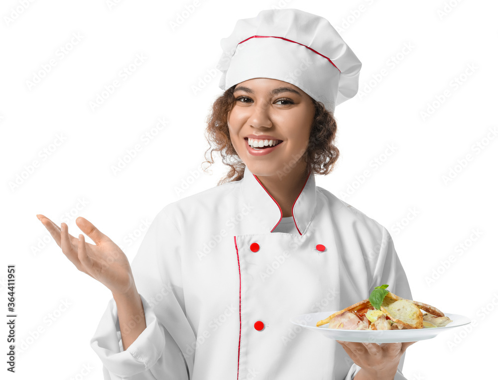 Female African-American chef with tasty dish on white background Female African-American chef with tasty dish on white background