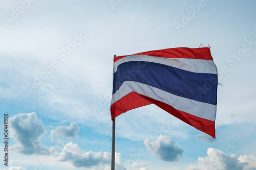 Image of waving Thai flag of Thailand, The national flag fluttering in the wind red white and blue