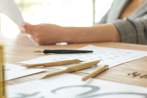 Tools for calligraphy on table