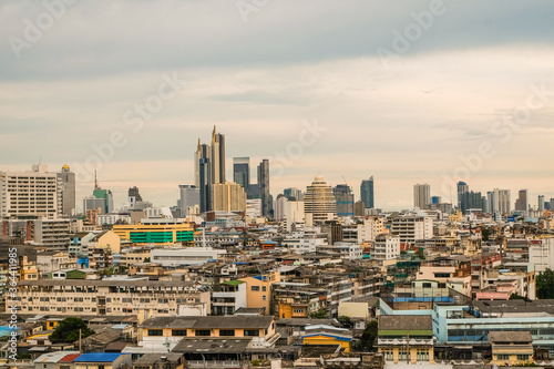 Bangkok  Thailand - July 10  2020    Bangkok cityscape from Wat Saket Ratcha Wora Maha Wihan  Wat Phu Khao Thong  Golden Mount temple   a popular tourist attraction