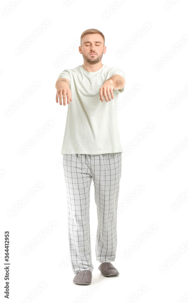 Male sleepwalker on white background