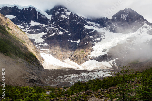 Epic beauty of the landscape - the National Park Torres del Paine in southern Chile. Lago Nordernskjold and mountains in the background. Valle de Frances and Glacier Frances view. photo