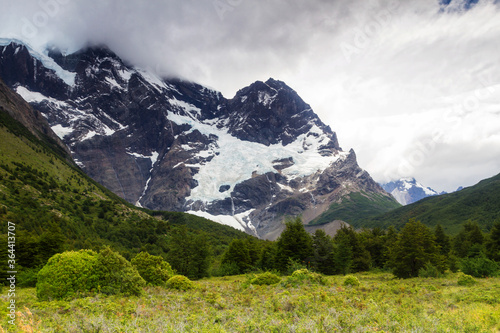 Epic beauty of the landscape - the National Park Torres del Paine in southern Chile. Lago Nordernskjold and mountains in the background. Valle de Frances and Glacier Frances view. photo