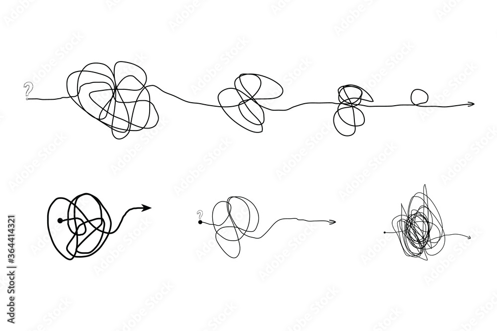 Insane messy line.Set of messy clew symbols connected between them line of symbols with scribbled round element, Freehand drawing. Black and white abstract scribbles, chaos doodles. Vector illustra Insane messy line.Set of messy clew symbols connected between them line of symbols with scribbled round element, Freehand drawing. Black and white abstract scribbles, chaos doodles. Vector illustra
