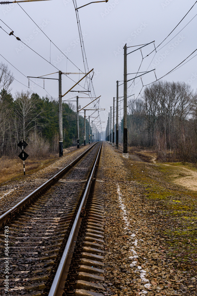 Railroad track and electrical power line in the forest at autumn
