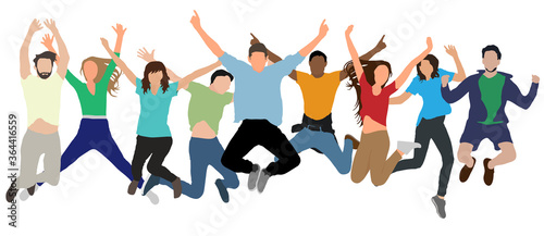 Colorful jumping crowd of people in full growth  isolated on white background. Vector illustration.