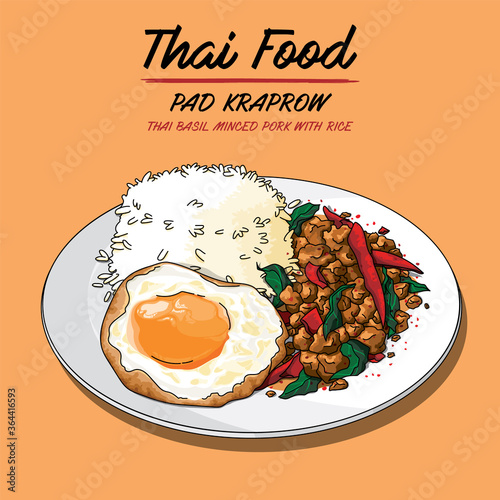 Vector illustration of Thai stir-fried pork basil with rice