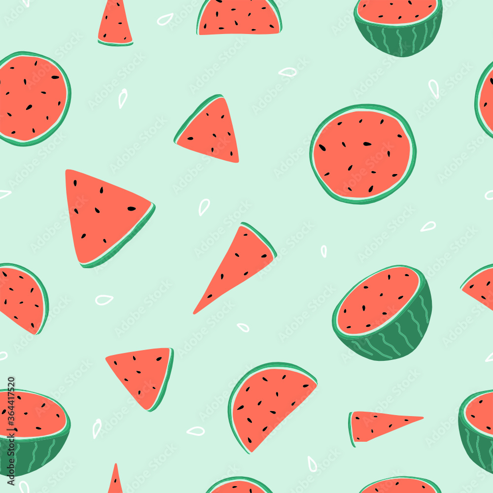 Seamless pattern on the theme of National Watermelon Day on August 3. Decorated with watermelon slices. Seamless pattern on the theme of National Watermelon Day on August 3. Decorated with watermelon slices.