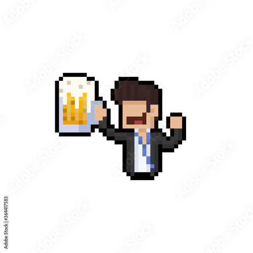 Pixel art cartoon portrait male worker hold a big beer mug.