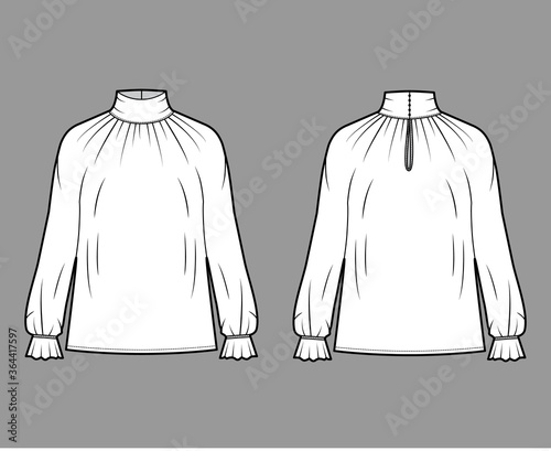 Turtleneck blouse technical fashion illustration with long sleeves, flouncy ruffled cuffs, oversized body. Flat apparel template front, back, white color. Women men unisex garment CAD mockup photo