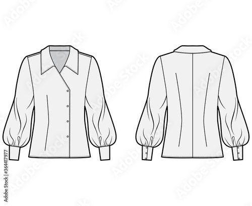 Blouse technical fashion illustration with oversized collar, body, long bishop sleeves, double breasted. Flat apparel template front, back grey color. Women, men unisex CAD garment designer mockup