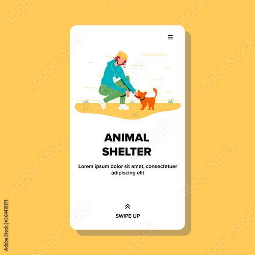 Animal Shelter Girl Feeding Homeless Cat Vector