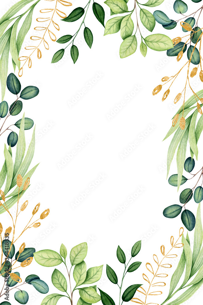 Card Template with Watercolor Green and Golden Leaves Card Template with Watercolor Green and Golden Leaves