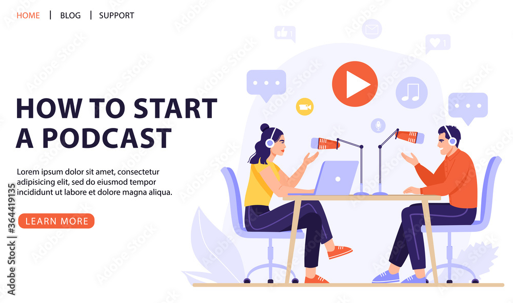 Podcast or interview concept. Podcasters recording a podcast with microphone and headphones. Vector web page banner illustration.