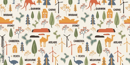 Background with wind farm, Canberra, Sydney Opera House, kangaroo, ostrich, camel, desert and cactus. Australia seamless pattern with simbol animals, city names for textile. Vector stock illustration