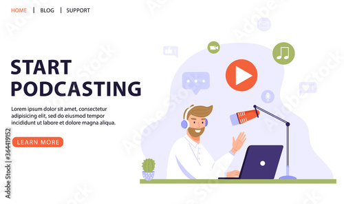 Podcast or interview concept. Podcaster recording podcast in studio with microphone and headphones. Vector web page banner illustration.