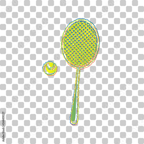 Tennis racquet with ball sign. Blue to green gradient Icon with Four Roughen Contours on stylish transparent Background. Illustration.