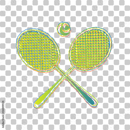 Two tennis racket with ball sign. Blue to green gradient Icon with Four Roughen Contours on stylish transparent Background. Illustration.