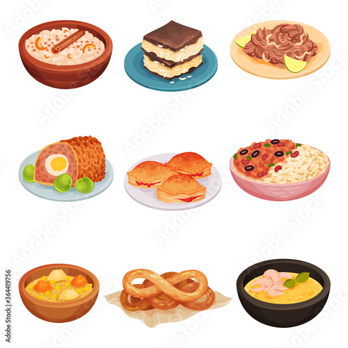 Cuban Food with Rolled Meat and Stewed Beef Vector Set