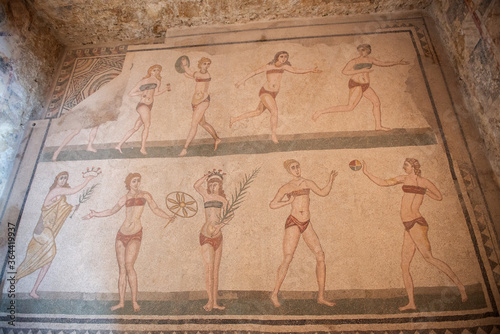 Ancient roman Villa del Casale with beautiful mosaic in hall "Ten girls in a bikini" built in the 3-4th century BC, Piazza Armerina, Sicily, Italy. Famous tourist attraction in Italy
