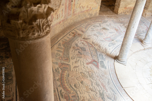 Ancient roman Villa del Casale with beautiful mosaic built in the 3-4th century BC, Piazza Armerina, Sicily, Italy. Famous tourist attraction in Italy. Sicilian travel destination