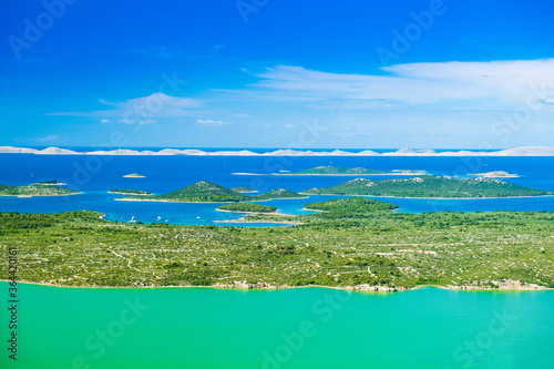 Croatia, spectacular landscape, panoramic view of ornithological nature park Vrana lake (Vransko jezero). Adriatic sea and Murter archipelago in background.