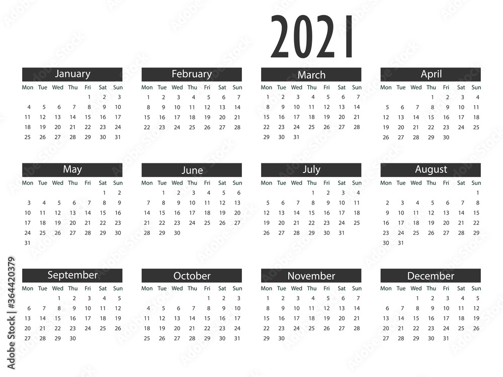 2021 calendar, week starts Monday. Vector illustration, flat design ...
