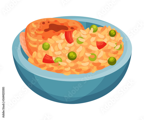 Rice and Chicken with Spices as Cuban Dish Vector Illustration