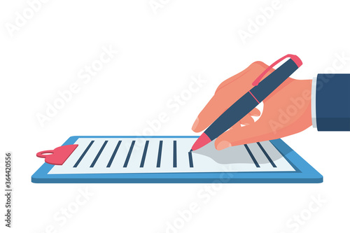 Businessman writes a business document. Vector illustration cartoon design. Isolated on white background. Entries in important documents. Hand holding a pen. Signature template.
