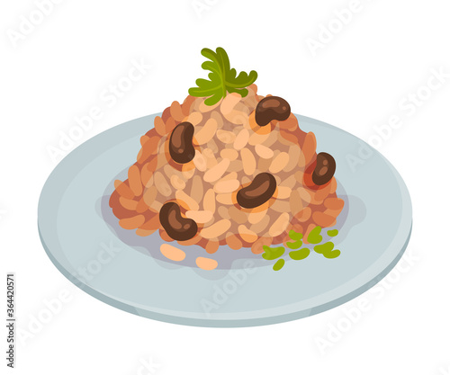Stewed Black Bean with Rice as Cuban Dish Vector Illustration