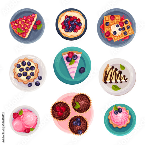 Desserts with Gaufre or Waffle and Tartlets Served on Plate Vector Set