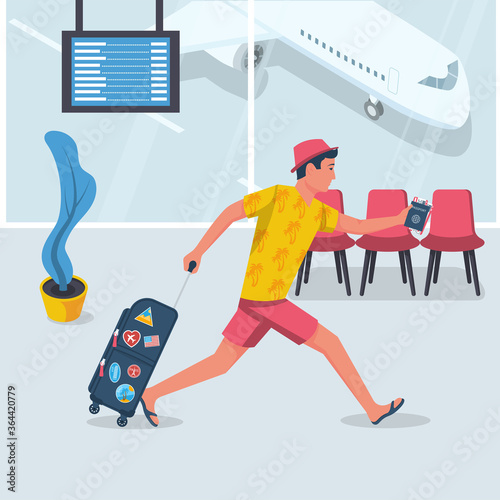 Man hurry on vacation. Young male in a beach dress with suitcase runs on plane. Discovery of travel. Vector flat design. Isolated on white background. Going on vacation. Weekend to an exotic country