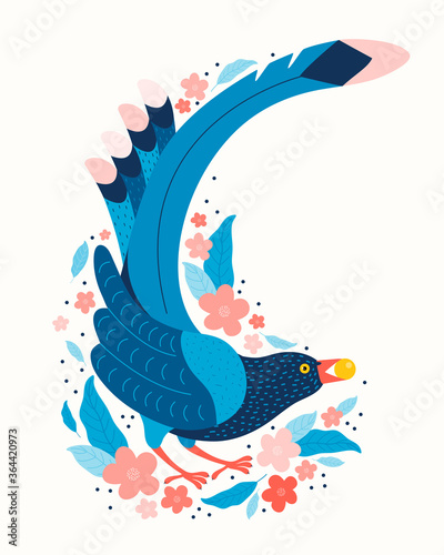 Taiwan blue magpie. Urocissa caerulea. Exotic birds of Taiwan and of Asia. Cute blue bird in hand drawn vector. Cute Blue cartoon bird. Vector flat illustration in Scandinavian style. Nature of Asia.