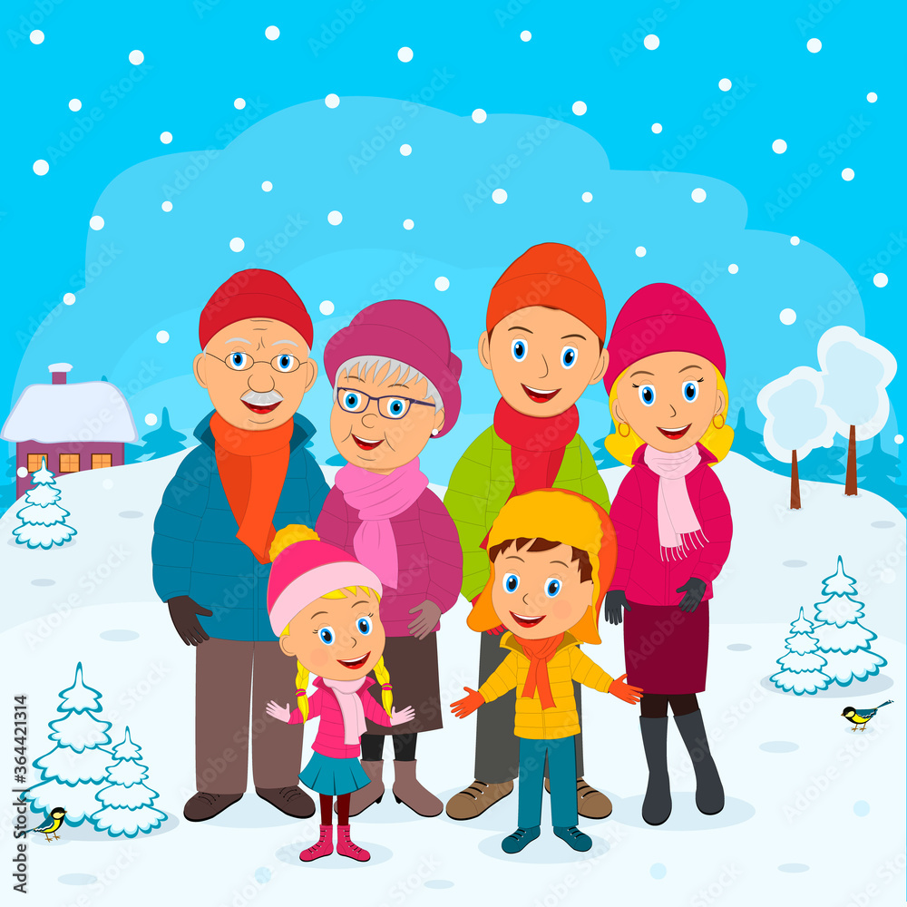 family on the winter background,ilustration,vector family on the winter background,ilustration,vector