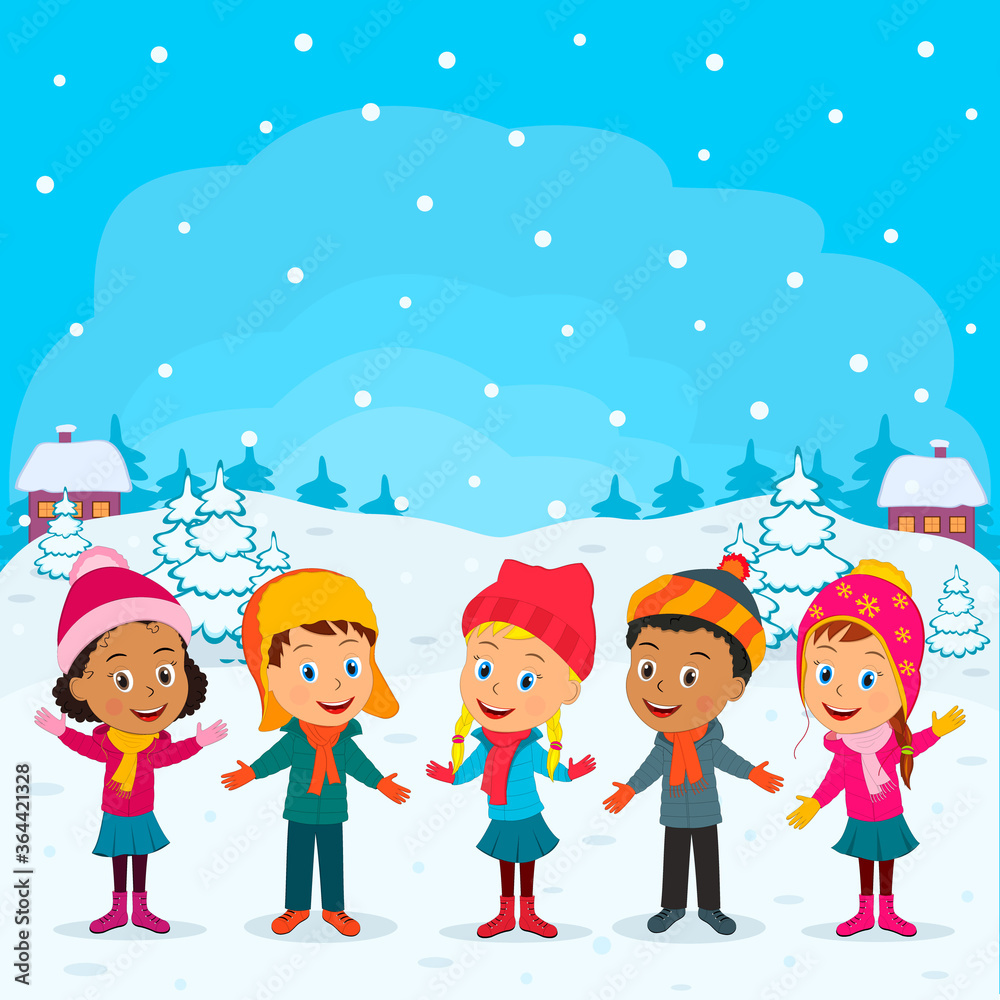 Fototapeta premium kids stand uotdoors in winter, illustration,vector
