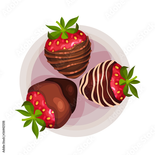 Strawberry Covered with Chocolate Glaze as Dessert Served on Plate Vector Illustration