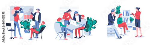 Set on theme teamwork,collaboration. Colleagues discussing new project and brainstorming. Collection of scenes at office. Business people conversation and working together. Flat vector illustration