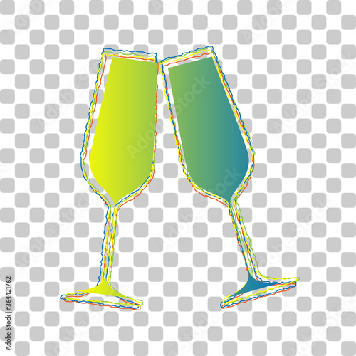 Sparkling champagne glasses. Blue to green gradient Icon with Four Roughen Contours on stylish transparent Background. Illustration.