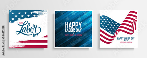 United States Labor Day greeting cards set with the american national flag. Happy Labor Day. USA national holiday vector illustration.