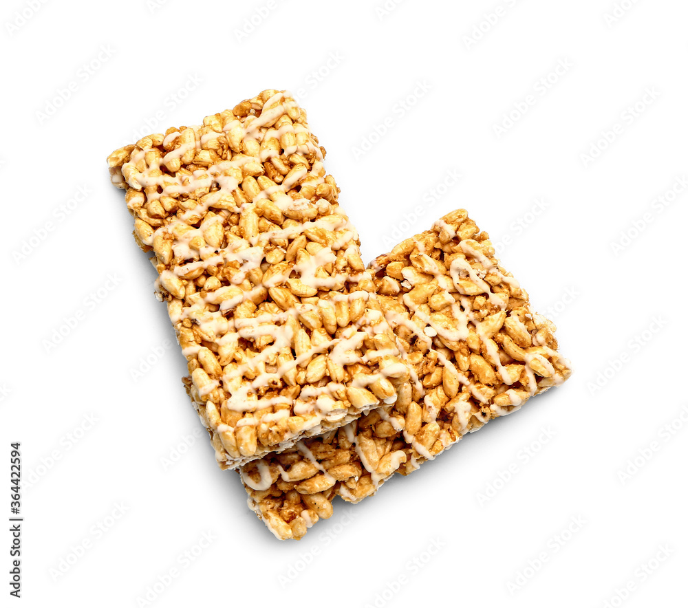 Crispy rice bars on white background