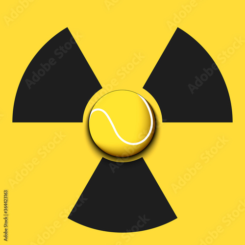 Radiaction symbol with tennis ball. Caution radioactive danger sign. Tennis quarantined. Cancellation of sports tournaments. Vector illustration
