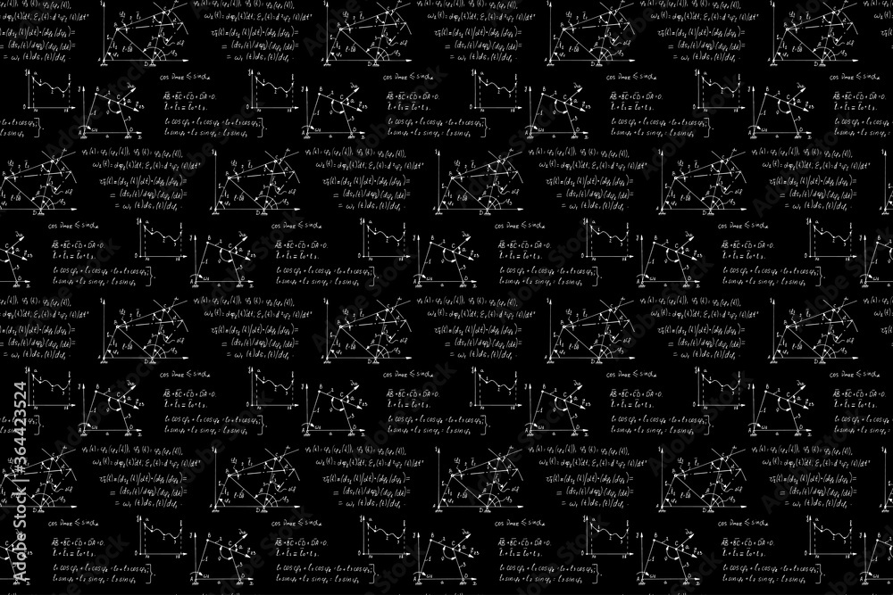 Physics seamless pattern with the equations, figures, schemes, formulas and other calculations on chalkboard. Retro scientific handwritten vector Illustration.
