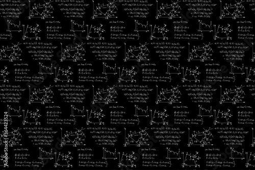 Physics seamless pattern with the equations, figures, schemes, formulas and other calculations on chalkboard. Retro scientific handwritten vector Illustration.