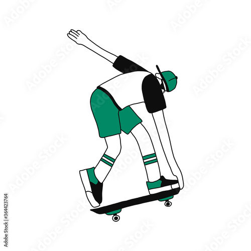 Cool vector man character on a skateboard. Confident guy makes sports elements on the Board.The nature of urban dwellers and modern lifestyle. Vector illustration isolated on a white background.