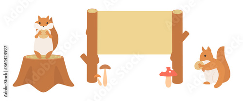 リスと木の看板のイラスト　(横長)