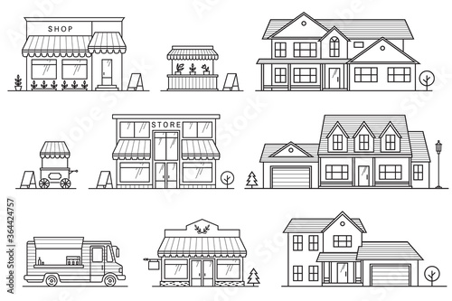 Set of store, shop, house, street store cart and truck icons. Vector. For web design and application interface, also useful for infographics. Modern minimalist design with facade building